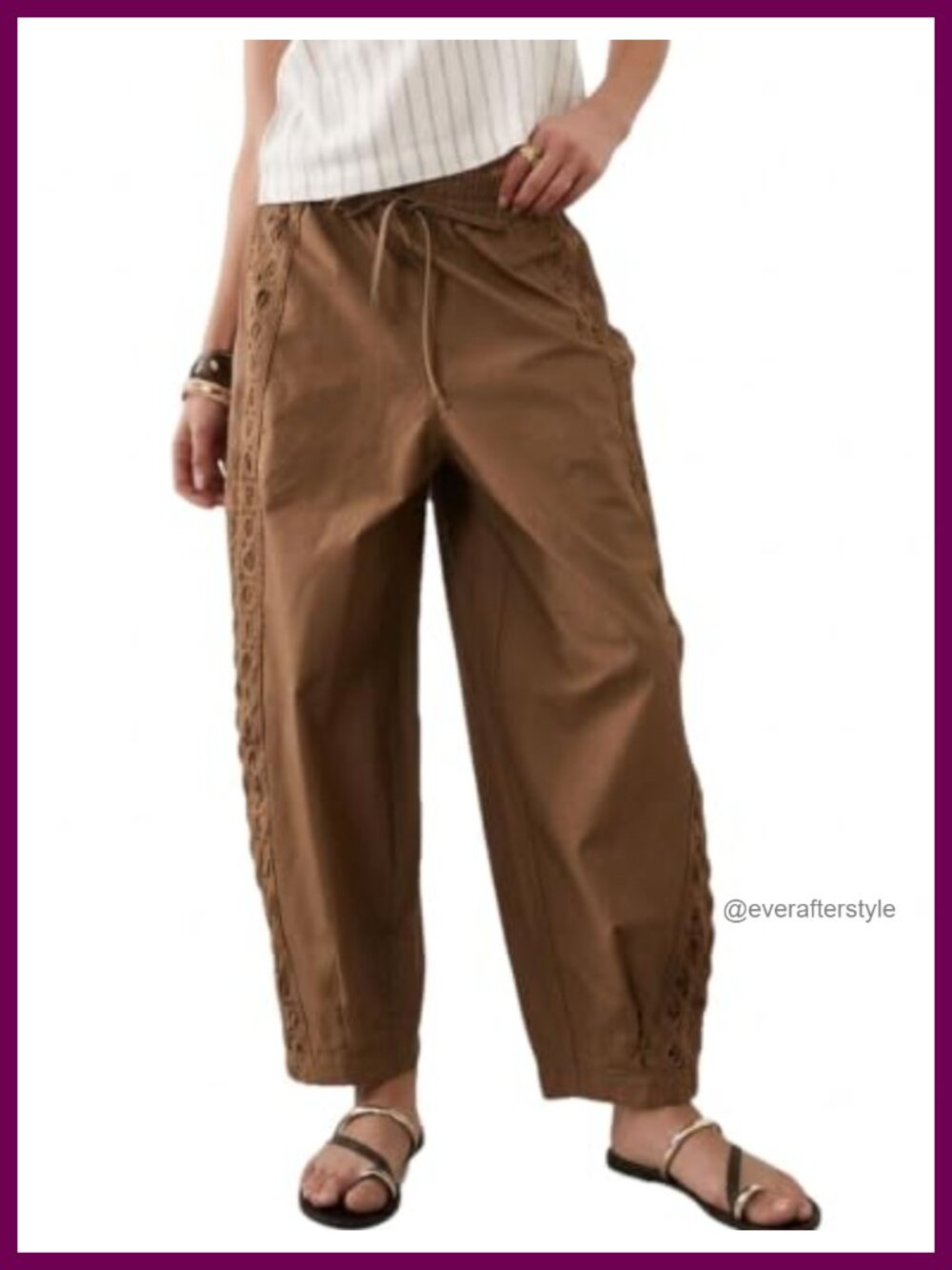 Embroidered Cotton Barrel Pants Casual Boho Trousers with Drawstring